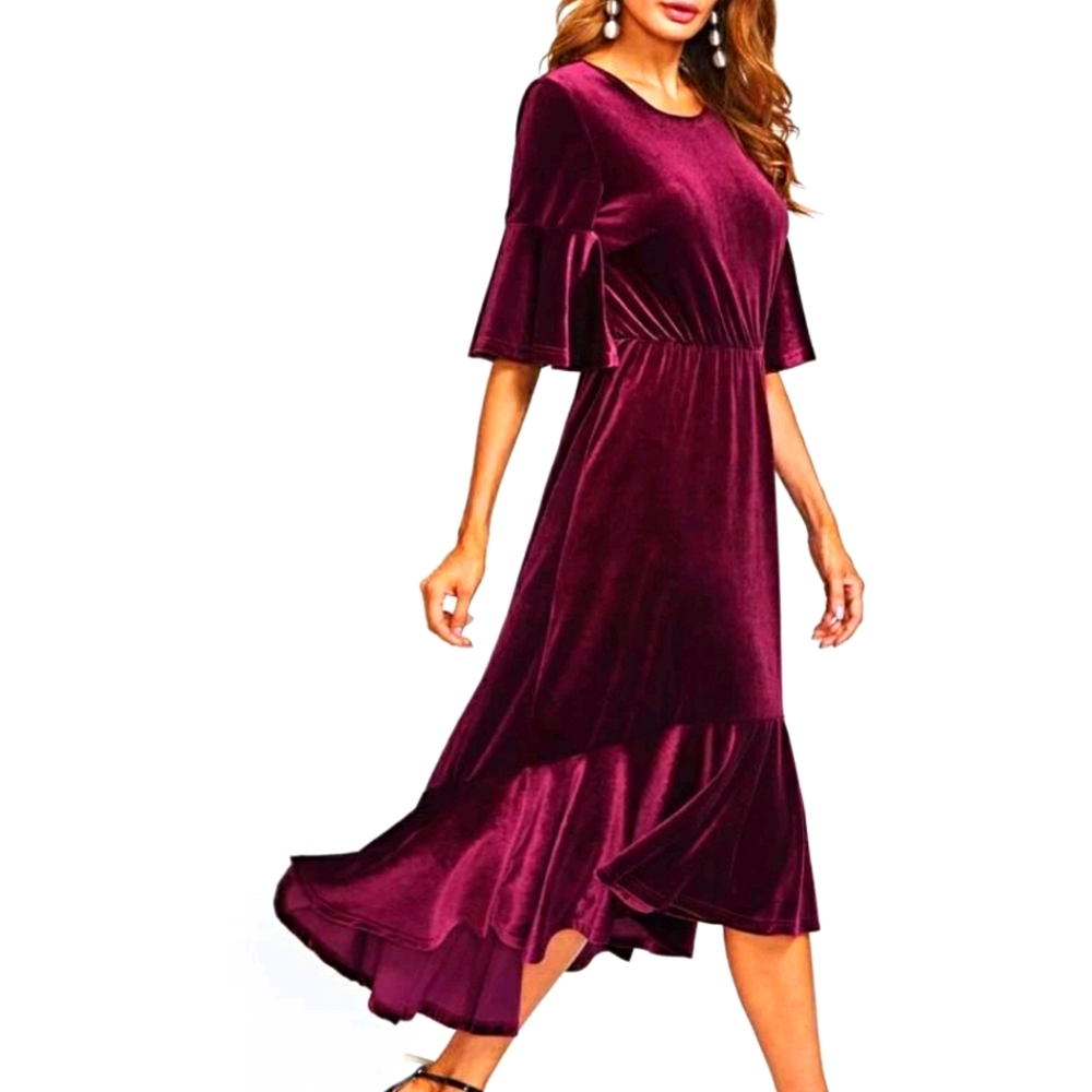SHEIN Trumpet Sleeve Flounce Hem Velvet Dress